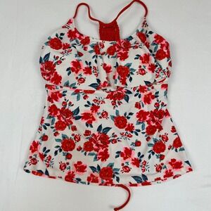 Arizona Jeans Floral‎ Tankini Top Red White Ruffle Crochet Back Large